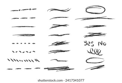 Marker pen underline and strikethrough strokes for Note book. Hand drawn collection of different diary scribble lines and elements. Swift crossed and wavy highlight markers for scribbling pad.