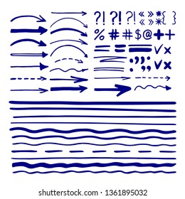 Marker pen written vector shapes. Hand written arrows, lines and signs isolated on white background