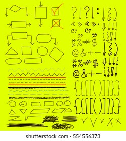 Marker pen written vector shapes. Highlight hand written arrows, lines and signs isolated