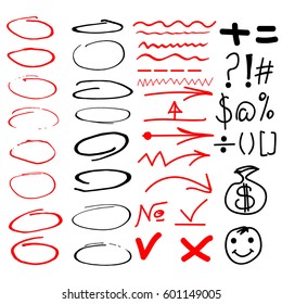 Marker pen written vector shapes. Highlight hand written arrows, lines and signs isolated on white background. Hand drawn scribble, set of circle and square doodle frames. Vector illustration.
