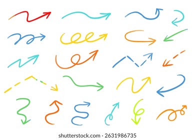 Marker pencil arrow doodles pack - hand geschetste ronde wervelingen, gebogen lijnen, wijzers. Artistieke ontwerpelementen, grunge krabbels, chaotische streken tekeningen. kleur krijt stijl illustraties