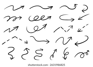 Marker pencil arrow doodles pack - hand sketched round swirls, curved lines, pointers. Artistic design elements, grunge scribbles, chaotic strokes drawings. Black crayon chalk style illustrations