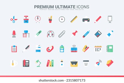 Marker and pencil in holder and box, paper document on flipboard or clipboard, scissors. Office and school supplies, stationary and equipment trendy flat icons set vector illustration