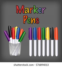 Marker Pens, Desk Organizer, felt tip marker pens for back to school, home, office, scrapbook projects on chalkboard background. EPS8 compatible.
