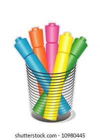 Marker Pens, felt tip highlighters in fluorescent yellow, blue, orange, green and hot pink in a desk organizer for scrapbooks, home, office and back to school. EPS8 compatible.