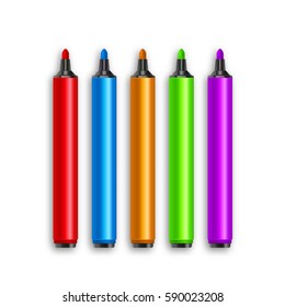 Marker pens, red, green, yellow, purple, blue. Vector set colourful highlighters. Drawing pencil tool Marker art highlighter.