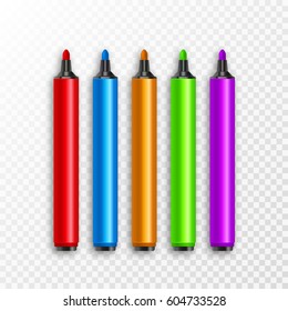 Marker pens, red, green, yellow, purple, blue. Vector set colourful highlighters. Drawing pencil tool Marker art highlighter