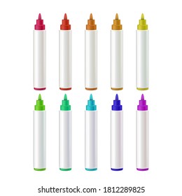 Marker Pens Stationery Accessories Set Vector. Multicolored Blank Marker Pencils Collection For Paint Or Writing. Vivid Painting Tools, Various Spectrum Palette. Layout Realistic 3d Illustrations