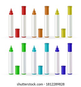 Marker Pens Stationery Different Color Set Vector. Artist Marker Pencils. Vivid Painting Tools, Various Spectrum Palette. Office Highlighters Design Accessory Template Realistic 3d Illustrations