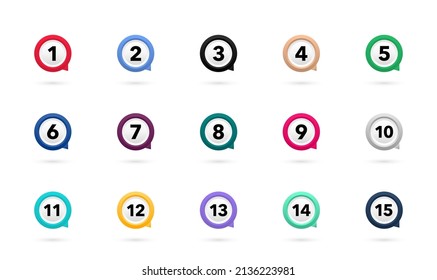 Marker points, information markers. Colorful markers with number from 1 to 15. Marker set on white background. Vector illustration.