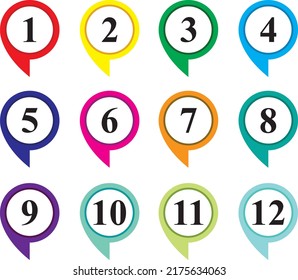 Marker points, information markers. Colorful markers with number from 1 to 15. Marker set on white background. Vector illustration.