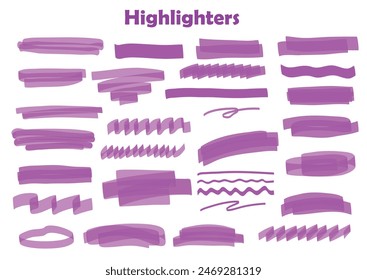 Marker purple set, brush pen hand drawn underline. Highlighter collection, brush lines, isolated. Vector highlighter graphic stylish element. Watercolor purple hand drawn highlight set.