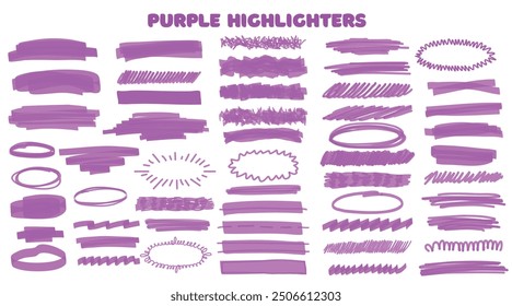 Marker purple set, brush pen hand drawn underline. Highlighter collection, brush lines, isolated. Vector highlighter graphic stylish element. Watercolor purple hand drawn highlight set.