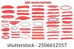 Marker red set, brush pen hand drawn underline. Highlighter collection, brush lines, isolated. Vector highlighter graphic stylish element. Watercolor red hand drawn highlight set.