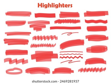 Marker red set, brush pen hand drawn underline. Highlighter collection, brush lines, isolated. Vector highlighter graphic stylish element. Watercolor red hand drawn highlight set.