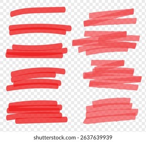 Marker red set, brush pen hand drawn underline. Highlighter collection, brush lines, isolated. Vector highlighter graphic stylish element. Watercolor red hand drawn highlight set.
