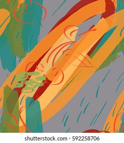 Marker rough orange strokes and cherry textured.Creative abstract colorful seamless pattern. Tribal ethnic motives. Universal bright background for greeting cards, invitations. 