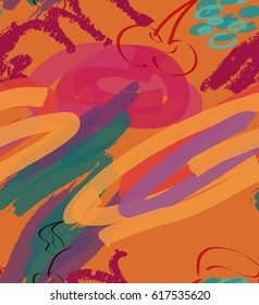 Marker rough strokes and cherry on orange.Creative abstract colorful seamless pattern.  Universal bright background for greeting cards, invitations. Had drawn ink and marker texture.