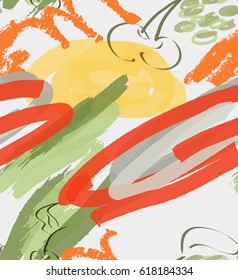 Marker rough strokes and cherry on white.Creative abstract colorful seamless pattern. Universal bright background for greeting cards, invitations. Had drawn ink and marker texture.