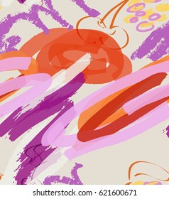 Marker rough strokes and cherry on cream.Creative abstract colorful seamless pattern.Universal bright background for greeting cards, invitations. Had drawn ink and marker texture.
