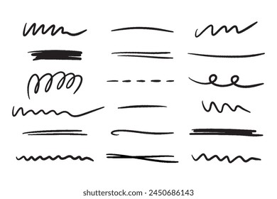 Marker scribble elements collection. Hand drawn strokes, underlines, wave brush marks.Vector set isolated on white background.