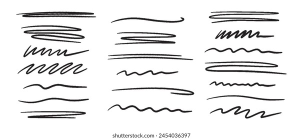 Marker scribble elements collection. Hand drawn strokes, underlines, wave brush marks.Vector set isolated on white background.