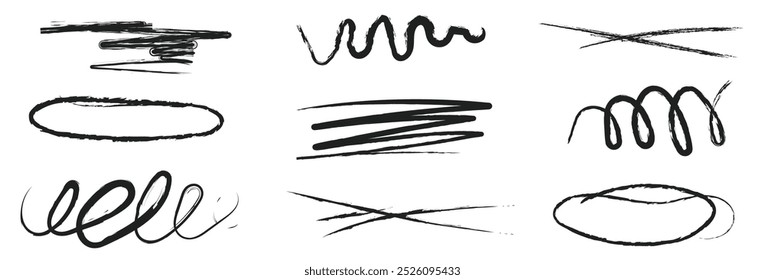 Marker scribble elements collection. Hand drawn strokes, underlines, wave brush marks .Vector set isolated on white background . Vector Illustration.
