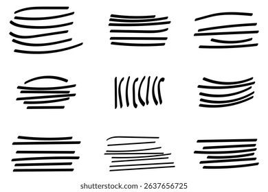 marker scribble line set. Grunge scrawls, charcoal scribbles, rough brush strokes, underlines strikethroughs. Bold charcoal freehand stripes and ink shapes.
