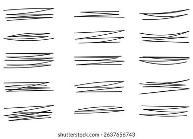 marker scribble line set. Grunge scrawls, charcoal scribbles, rough brush strokes, underlines strikethroughs. Bold charcoal freehand stripes and ink shapes.