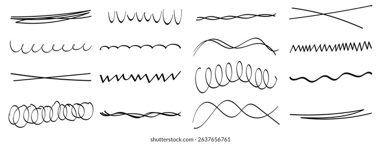 marker scribble line set. Grunge scrawls, charcoal scribbles, rough brush strokes, underlines strikethroughs. Bold charcoal freehand stripes and ink shapes.