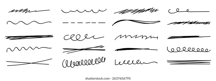 marker scribble line set. Grunge scrawls, charcoal scribbles, rough brush strokes, underlines strikethroughs. Bold charcoal freehand stripes and ink shapes.
