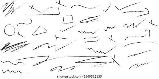 marker scribble line set on transparent background A collection of hand drawn sketched design elements in black and white provide a raw and artistic vibe with various shapes and lines.
