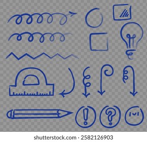 Marker scribbles vector. Big set or simple marks. Marker handmade effect strokes collection. Sketch design elements. Notebook doodles. Scribbles elements for education or business design.