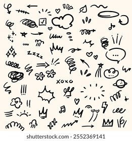 Marker simple elements set With illustration style doodle and line art