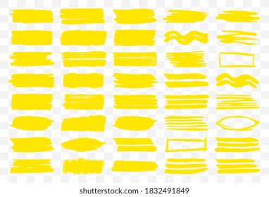 Marker stroke set. Isolated flat hand paint brush stroke icons. Yellow ink line and frame drawing collection. Marker strokes on transparent background vector illustration