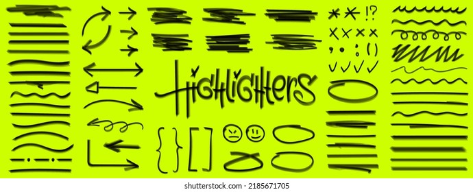Marker strokes, highlights set - marks and selections. Marker lines, underline, arrows, frames, strokes, round strokes, highlighter, frames, checks, crosses. Isolated underline. Vector collection