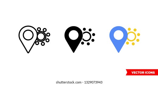 Marker sun icon of 3 types: color, black and white, outline. Isolated vector sign symbol.