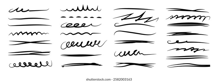  marker underline brush stroke set. Hand drawn black charcoal lines. Typography ink brush lines. Marker red and black pen highlights squiggle stroke. Vector illustration on white background