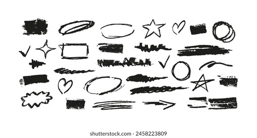 Marker underline graffiti set. Doodle highlight. Bundle of chalk stripes sketches, hand-drawn brush, grunge scratches and squiggles, childish paint element. Isolated vector rough strokes. 
