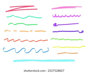 Marker underlines set, brush pen hand drawn color illustrations. Lines collection isolated on white.