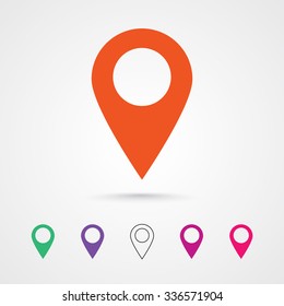 Marker vector icon template design in orange colorful colors. Modern pointer logo element. Location map pin illustration with soft shadow on gray background. Transparent circle outline style included.