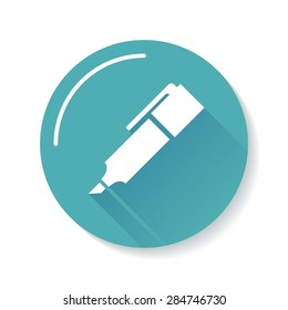 Marker white icon silhouette. Blue circle background. Long shadow. Vector illustration.