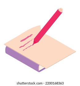 Marker writing icon isometric vector. Red marker write on paper sheet, book icon. Education, learning, writing