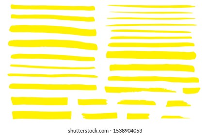 Marker yellow line set. Highlight color stroke. Abstract hand drawn underline. 