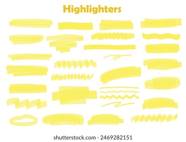 Marker yellow set, brush pen hand drawn underline. Highlighter collection, brush lines, isolated. Vector highlighter graphic stylish element. Watercolor yellow hand drawn highlight set.