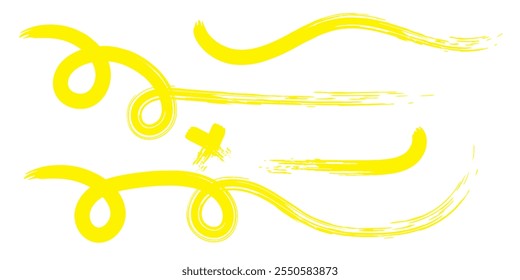 Conjunto de marcador amarillo, lápiz de pincel dibujado a mano subrayado. Colección de resaltador, líneas de pincel, aislado. Elemento de estilo gráfico resaltador de Vector. Conjunto de resaltado dibujado a mano de acuarela amarilla.