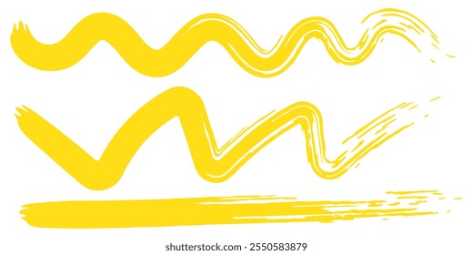 Marker yellow set, brush pen hand drawn underline. Highlighter collection, brush lines, isolated. Vector highlighter graphic stylish element. Watercolor yellow hand drawn highlight set.