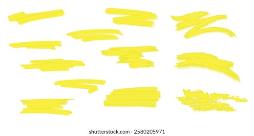 Marker yellow set, brush pen hand drawn underline. Highlighter collection, brush lines, isolated. Vector highlighter graphic stylish element. Watercolor yellow hand drawn highlight set.
