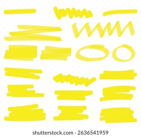 Marker yellow set, brush pen hand drawn underline. Highlighter collection, brush lines, isolated. Vector highlighter graphic stylish element. Watercolor yellow hand drawn highlight set.