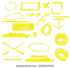 Marker yellow set, brush pen hand drawn underline. Highlighter collection, brush lines, isolated. Vector highlighter graphic stylish element. Watercolor yellow hand drawn highlight set.